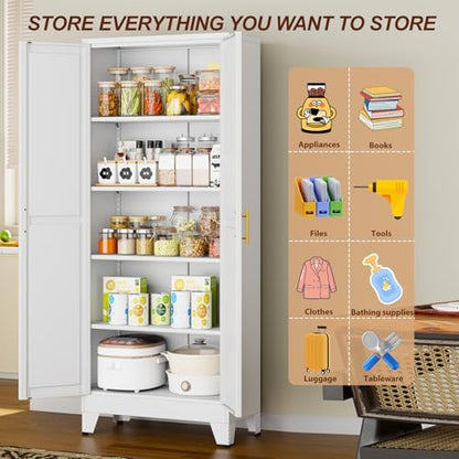 71" White Metal Storage Cabinet with 2 Doors and 4 Adjustable Shelves,Steel Garage Tool Cabinet, File Cabinet,Kitchen Pantry Cabinet for Home,Office,Garage,School,Warehouse
