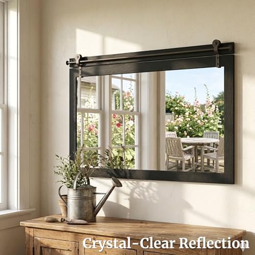 27"x49" Black Wood Grain Barn Door Wall Mirror with Wood Header