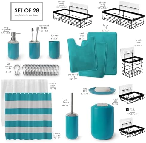 Clara Clark Bathroom Accessories Set - 28PC Bathroom Set with Adhesive Corner Shower Caddy Hanging, Bathroom Sets with Shower Curtain and Rugs, Teal Shower Curtain Set with Bathroom Trash Can