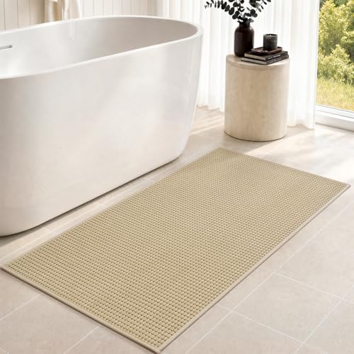 tchdio Bathroom Runner Rug, Absorbent Washable Thin Bath Mat, Non Slip Quick Dry Bath Rugs with Solid Rubber Backing, Low Profile Bath Mat, Beige, 24" x 70"