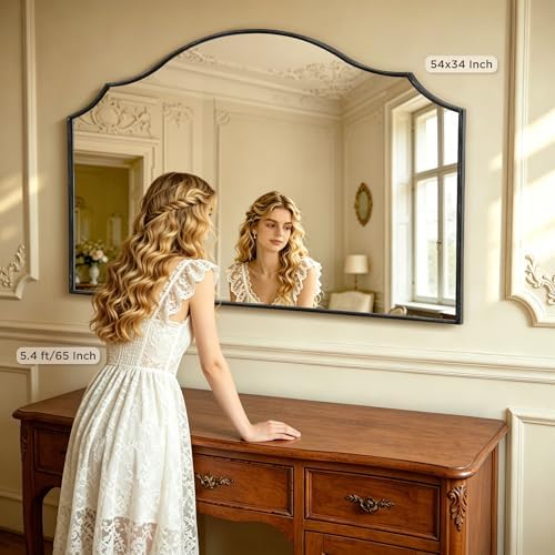 Besdomus Black Scalloped Wall Mirror: 54"x34" Oversized Wood Arched Mirror