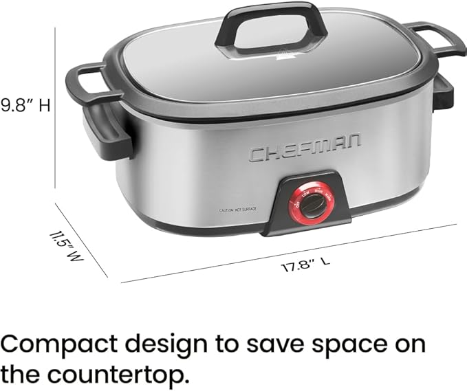 Chefman 6-Quart Slow Cooker, Electric Countertop Cooking, Stovetop & Oven-Safe Removable Insert for Browning & Sautéing, Family-Size Soups & Stews, Nonstick & Dishwasher-Safe Interior,Stainless Steel