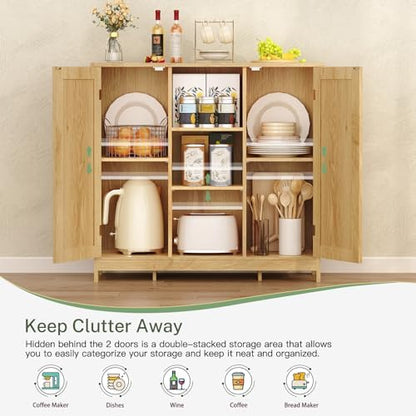 Iwell Rattan Storage Cabinet with 4 Adjustable Shelves, Coffee Bar Cabinet, Sideboard Buffet for Kitchen, Living Room, Entryway, Natural