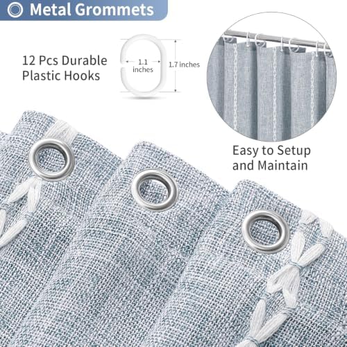 Boho Farmhouse Tassel Linen Shower Curtain,3D Embroidery Stripe Blue,48x72