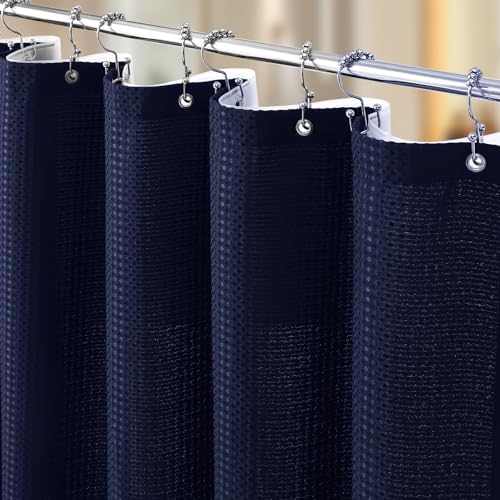 Vipfree 3 in 1 Shower Curtain Set, Waffle Shower Curtain and Liner Set with 12 Double Sided Shower Curtain Hooks, 258GSM Luxury Weighted Cloth Shower Curtains for Bathroom, 72 W x 84 H, Navy Blue