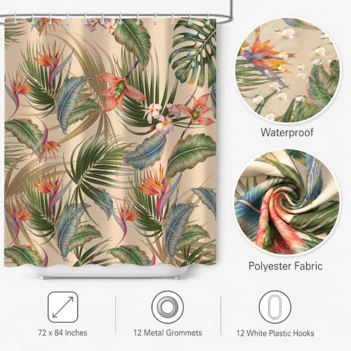 Tropical Shower Curtain, Colourful Leaves Floral Palm Leaf Hawaiian Botanical Plant Bathroom Decor, Waterproof Cloth Fabric Bath Curtain with Hooks 72 x 78 inch