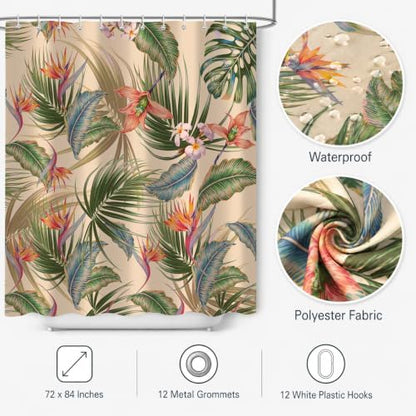 Tropical Shower Curtain, Colourful Leaves Floral Palm Leaf Hawaiian Botanical Plant Bathroom Decor, Waterproof Cloth Fabric Bath Curtain with Hooks 72 x 78 inch