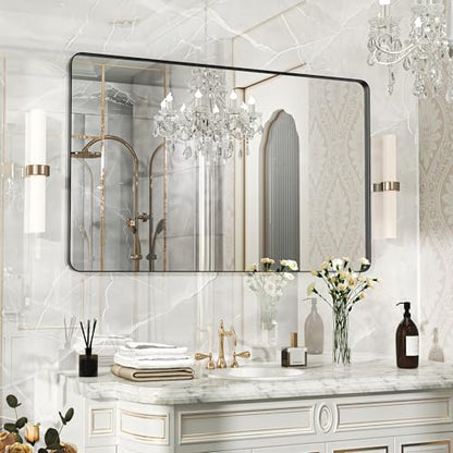 48×30 Black Bathroom Mirror, Rectangular Bathroom Vanity Mirror for Wall with Rounded Corners & Aluminum Alloy Frame, Tempered-Glass, Modern, Farmhouse, Horizontal/Vertical, Entryway, Bedroom