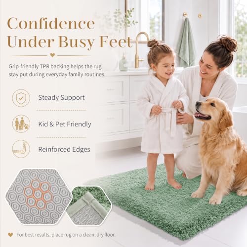 Yimobra Fluffy Plush Bath Rug, Super Shaggy Soft Comfortable Non Slip, Water Absorbent Microfiber Bath Mat, Dries Quickly, Machine Washable Thick Bathroom Rugs for Shower, 44" X 24", Pure Light Green