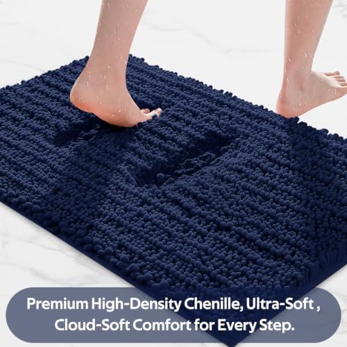 ACCUMTEK Upgrade Luxury 2 Piece Navy Blue Toilet Bathroom Rug Mat 32"x20"+24"x17", Ultra Soft Thick Absorbent Bath Mats, Non Slip Chenille Toilet Mat for Bathroom, Bedroom, Kitchen, Shower, Tub