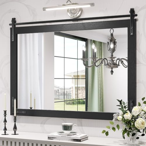 Farmhouse Mirror 40x30 Inch, Black Rustic Bathroom Mirror Vanity, Wood Framed Rectangular Wall Decorative Mirrors for Entryway, Living Room, Bedroom
