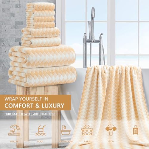 8 Piece Bathroom Towel Set |2 Oversized Bath Towels,2 Hand Towels,4 Washcloths| 600GSM Soft Hotel Towel Set Extra Large Bath Sheet for Bathroom,Highly Absorbent Quick Dry Bath Towel Collections,Beige