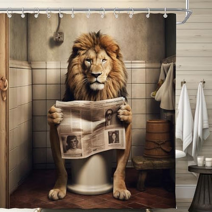 Farmhouse Funny Lion Shower Curtain for Bathroom 72W*72H Inch Brown Humor Animal Reading on Toilet Bathtub Decor Boho Western Country Animal Waterproof Polyester Fabric Set with 12 Hooks