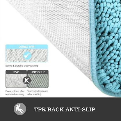 Yeaban Chenille Sky Blue Bathroom Rug 24"x36", Non-Slip Rubber Backing