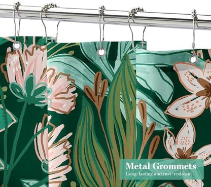 Boho Floral Shower Curtain, Dark Emerald Botanical Fabric Curtain, 72 x 84