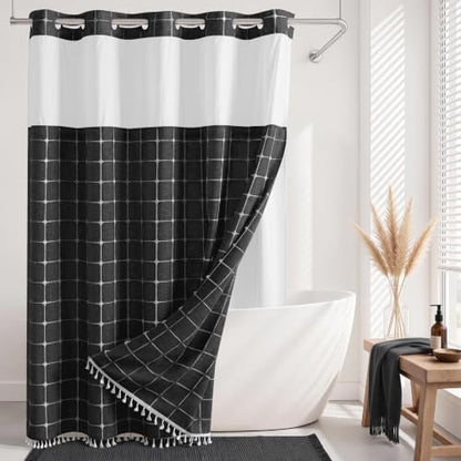 RiverDream Farmhouse No Hooks Shower Curtain with Snap-in Liner,Black,71x74