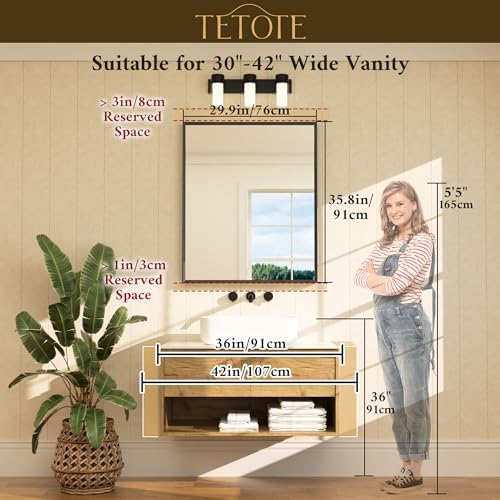 TETOTE Black Mirror for Bathroom Sink 30" x 36" Matte Black Beveled Metal Frame Bathroom Vanity Rectangle Mirror for Wall, Modern Farmhouse, Tempered Glass, Shatterproof, Stronger Frame
