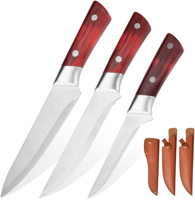 Premium 3PCS Boning Knife Set, Stainless Steel Kitchen Knife Set with Sheath, Ultra-Sharp Chef Knife Set for Meat, Fish, Fruit, Camping & Outdoor Cooking, Comfortable Grip