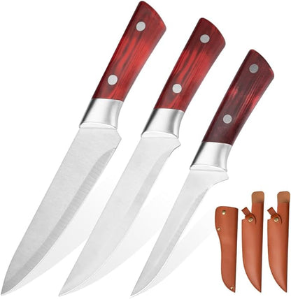Premium 3PCS Boning Knife Set, Stainless Steel Kitchen Knife Set with Sheath, Ultra-Sharp Chef Knife Set for Meat, Fish, Fruit, Camping & Outdoor Cooking, Comfortable Grip