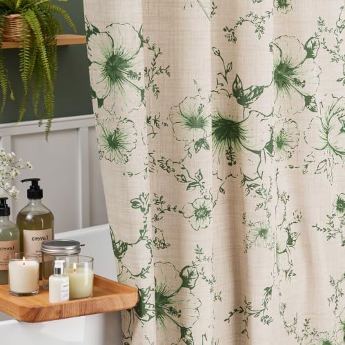 Vintage Green Floral Shower Curtain with 12 Clear Rings - 72" W x 84" L
