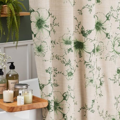 Vintage Green Floral Shower Curtain with 12 Clear Rings - 72" W x 84" L