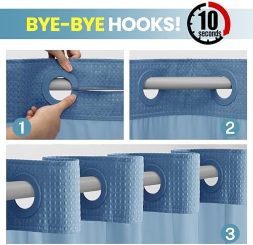 No Hook Waffle Shower Curtain with Snap in Liner Set, 71x74, Sky Blue