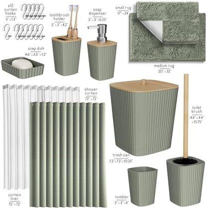 Clara Clark Bathroom Accessories Set - Bathroom Set, Bathroom Sets with Shower Curtain and Rugs, Shower Curtain Set with Trash Can - Sage Green - 22PC