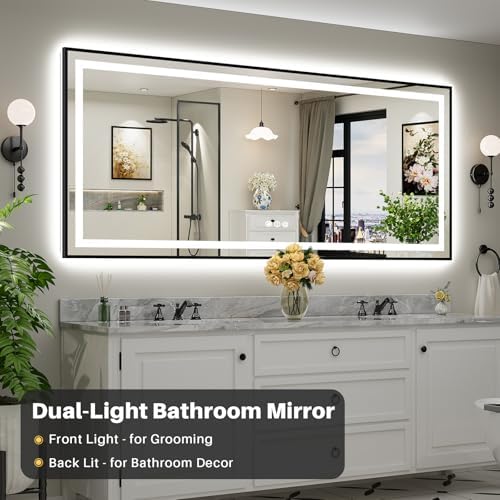 88x38 Inch LED Bathroom Mirror with Black Frame, Backlit & Front Lit