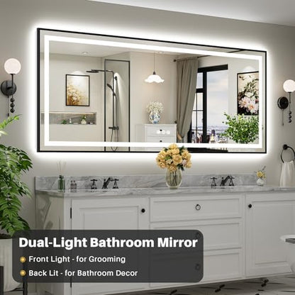 88x38 Inch LED Bathroom Mirror with Black Frame, Backlit & Front Lit