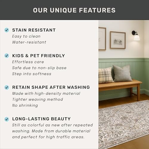 Moss Washable Dining Room Rug, 6x9 Floral Area Rug for Living Room, Boho Farmhouse Décor Low Pile Soft Bedroom Carpet, Brown Taupe Home Décor, Non Slip & Stain Resistant