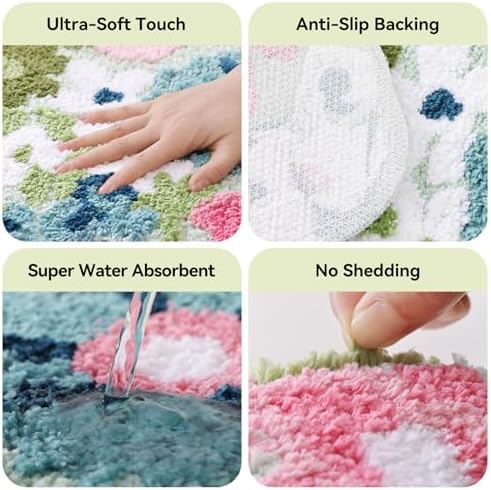 TRUEDAYS Wildflower Floral Runner Bathroom Rug - Cute Tufted Non Slip Soft Flower Shaped Bath Mat, Washable Farmhouse & Cottagecore Bathroom Decor - Aesthetic Rug for Vanity, Tub, Entryway