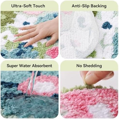 TRUEDAYS Wildflower Floral Runner Bathroom Rug - Cute Tufted Non Slip Soft Flower Shaped Bath Mat, Washable Farmhouse & Cottagecore Bathroom Decor - Aesthetic Rug for Vanity, Tub, Entryway