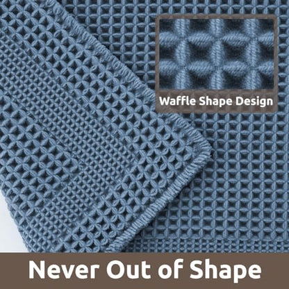AMOAMI Waffle Bath-Mat, Absorbent Bath Mats for Bathroom Non Slip, Machine Washable Bathroom Rugs with Tassels Ultra Soft Boho Bath Rugs for Floor 24"x36" Blue