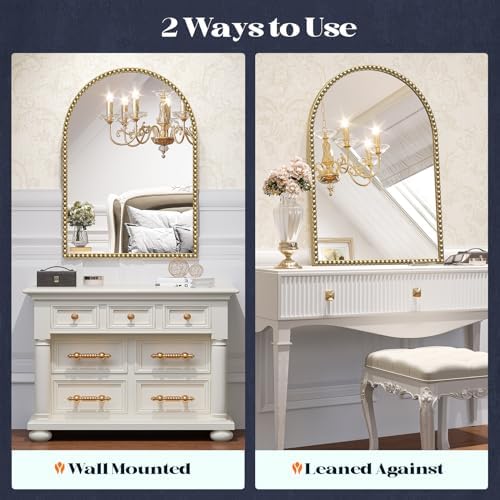 Arched Beaded Mirror for Bathroom,24"x32" Antique Glod Wall Mirror