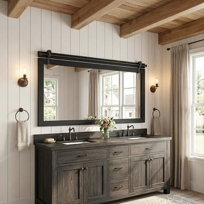 27"x49" Black Wood Grain Barn Door Wall Mirror with Wood Header