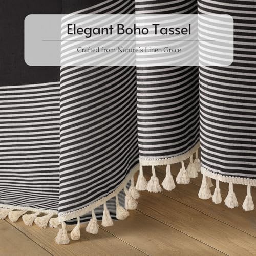 Black Boho Linen Striped Shower Curtain with Tassel 72" W X 72" L