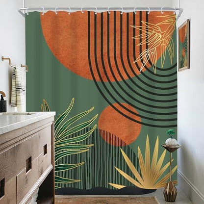 Mid Century Green Orange Boho Abstract Modern Bathroom Shower Curtain Set