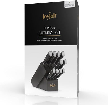 JoyJolt 11pc Kitchen Knife Set with Block. High Carbon, x50 German Steel Knives Set for Kitchen with Chef, Bread, Slicing, Nakiri, Utility, Paring and 4pc Steak Knife Set for Black Kitchen Decor