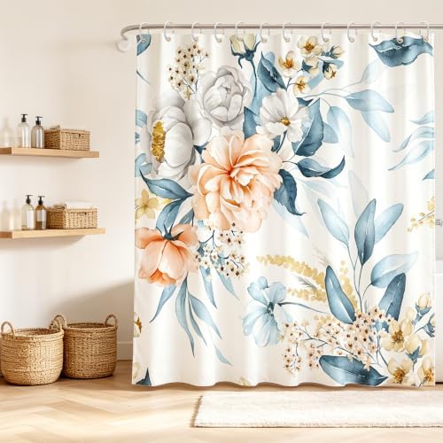 Floral Flower Fabric Shower Curtain with 12 Hooks, 120GSM, 72x72