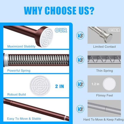 TEECK Shower Curtain Rod, 32-43 inch Adjustable Spring Tension Curtain Rod, Never Rust Anti-Slip Shower Curtain Rod for Bathroom, No Drilling, Never Collapse, Easy to Use, Brown