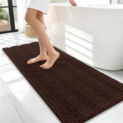 OLANLY Thick Bathroom Runner Rugs 47x17, Soft Chenille Bath Rugs, Brown