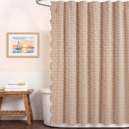 HunnmingRe Scalloped Gingham Shower Curtain Taupe