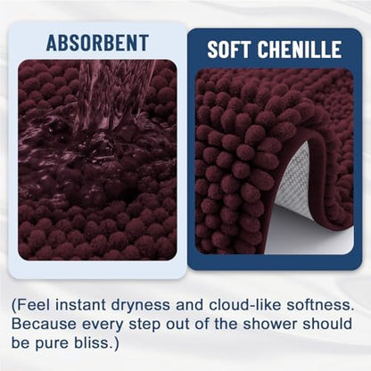 Grandaily Chenille Striped Bathroom Rugs 24x16, Extra Thick and Soft Absorbent Bath Mats, Rubber Backing, Plush Shaggy Shower Carpet, Machine Wash Dry, Bath Rug for Bathroom, Black Cherry