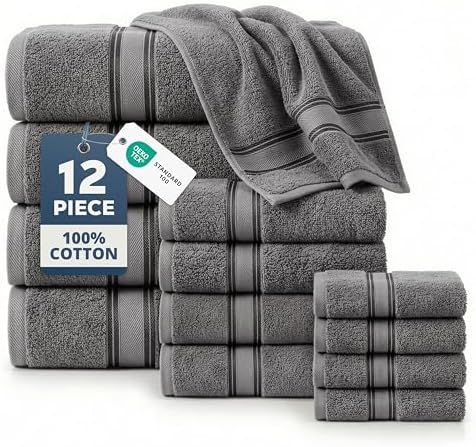 LANE LINEN Bath Towel Set 100% Cotton 12 Piece Soft Absorbent - Grey