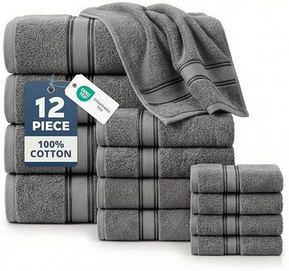 LANE LINEN Bath Towel Set 100% Cotton 12 Piece Soft Absorbent - Grey