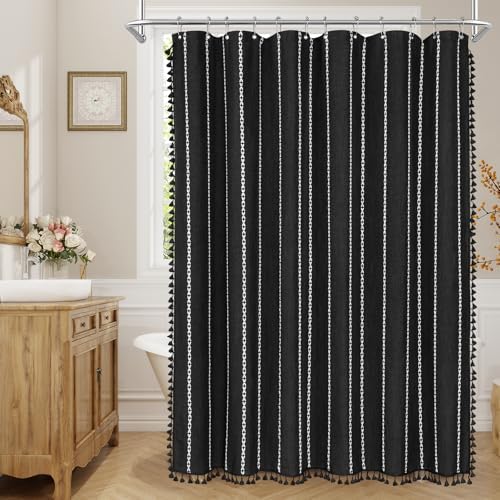 Boho Farmhouse Tassel Linen Shower Curtain,3D Embroidery Stripe Black,36x72
