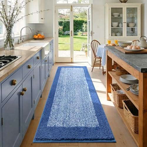 60x24 Long Bathroom Rugs Non Slip Washable, Soft Absorbent Bath Mat Blue