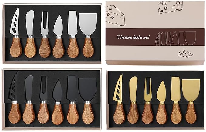 6 Piece Cheese Knives Set with Wooden Handle, Mini Steel Stainless Cheese knife set for Charcuterie and Cheese spread, Perfect for Cheese Slicer and Butter Cutter (Acacia-Black Box)