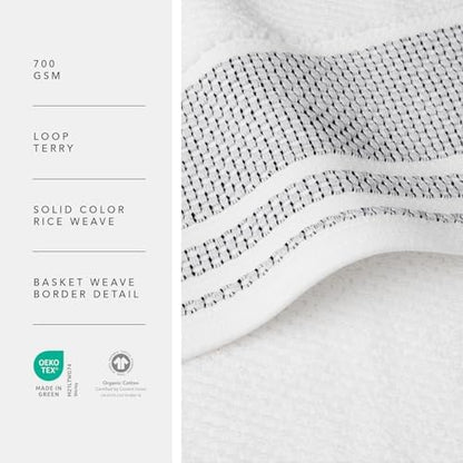 Texere 100% Organic Cotton Rice Weave Jacquard 700 GSM Luxury Bath Towel Sets - 2 Large Bath Towels, 2 Hand Towels (Rice Weave, BRT Wht w/Blk, 2 Bath & 2 Hand Towels)