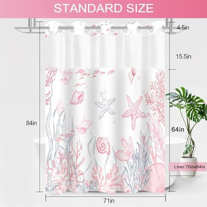 No Hook Shower Curtain and Liner Set, Pink Beach Coastal 71x84